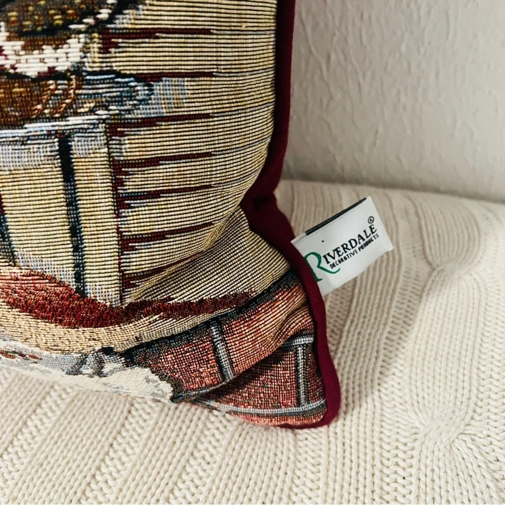 Riverdale Tapestry Pillow Cat Watching Cardinal & Squirrel in Winter Winter Vntg